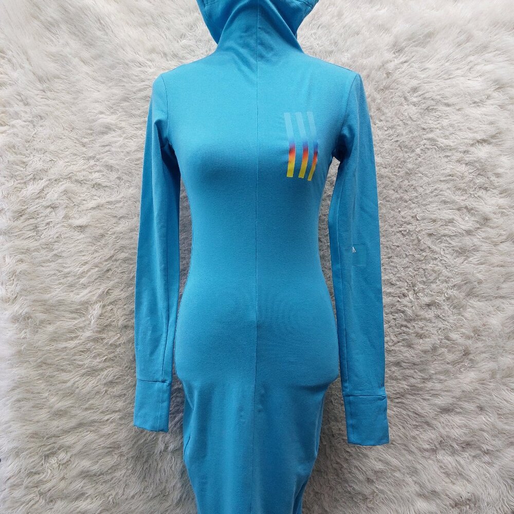 Adidas HN1642 Womens Mission Victory Bodycon Mock Neck Logo Dress Sky Rush Blue